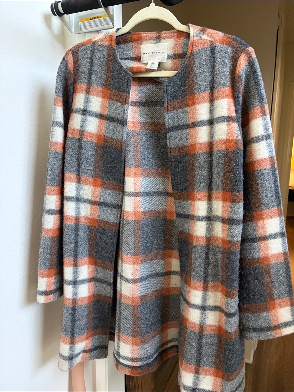 Max Studio Gray, Orange & Cream Plaid Collarless Coat